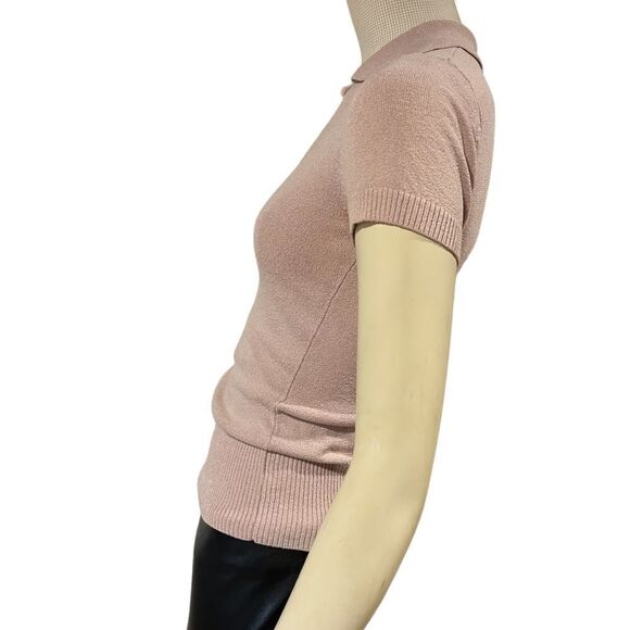 Revolve Bebe Vintage Silk Blend Neck Closure Ribbed Short Sleeve Polo Shirt - Picture 3 of 9